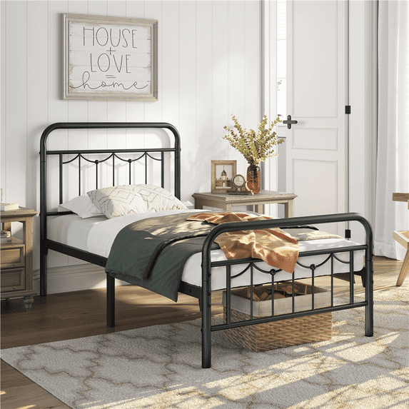 Alden Design Metal Platform Twin Bed with Vintage Headboard, Black, Adult