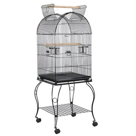 Alden Design Metal Rolling Bird Cage with 2 Feeders and 2 Wooden Perches, Black