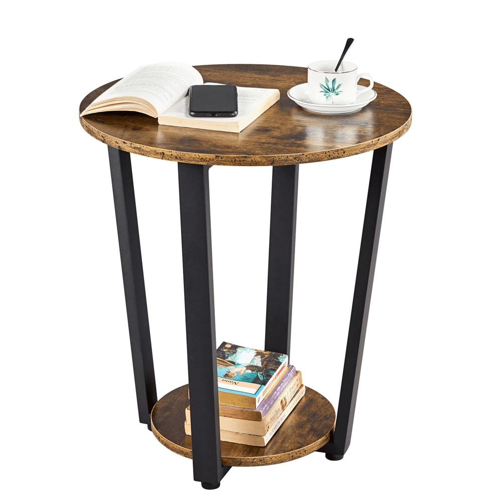 Industrial Round Brown MDF and Metal Side Table with Storage Shelf
