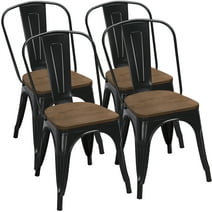 Alden Design Metal Stackable Dining Chairs with Wooden Seat, Set of 4, Black