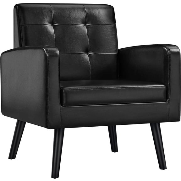 Alden Design Mid Century Faux Leather Tufted Accent Chair for Living Room, Black