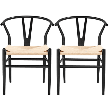 Alden Design Mid-Century Metal Dining Chairs with Woven Hemp Seat, Set of 2, Black