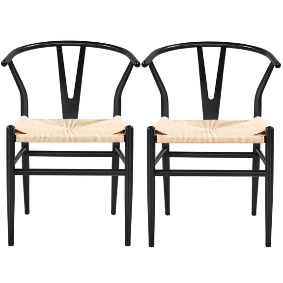 Alden Design Mid-Century Metal Dining Chairs with Woven Hemp Seat, Set of 2, Black