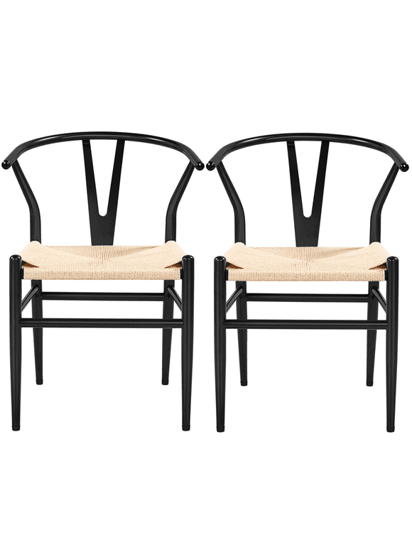 Alden Design Mid-Century Metal Dining Chairs with Woven Hemp Seat, Set of 2, Black
