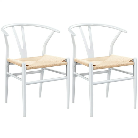 Alden Design Mid-Century Metal Dining Chairs with Woven Hemp Seat, Set of 2, White