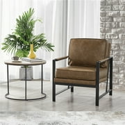 Alden Design Mid-Century Modern Accent Chair with Metal Frame, Brown Faux Leather