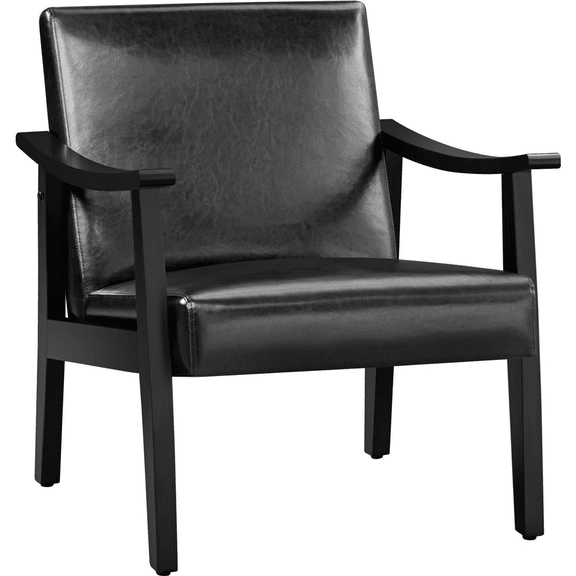 Alden Design Mid-Century Modern Accent Chair with Wooden Frame for Livingroom, Black Faux Leather