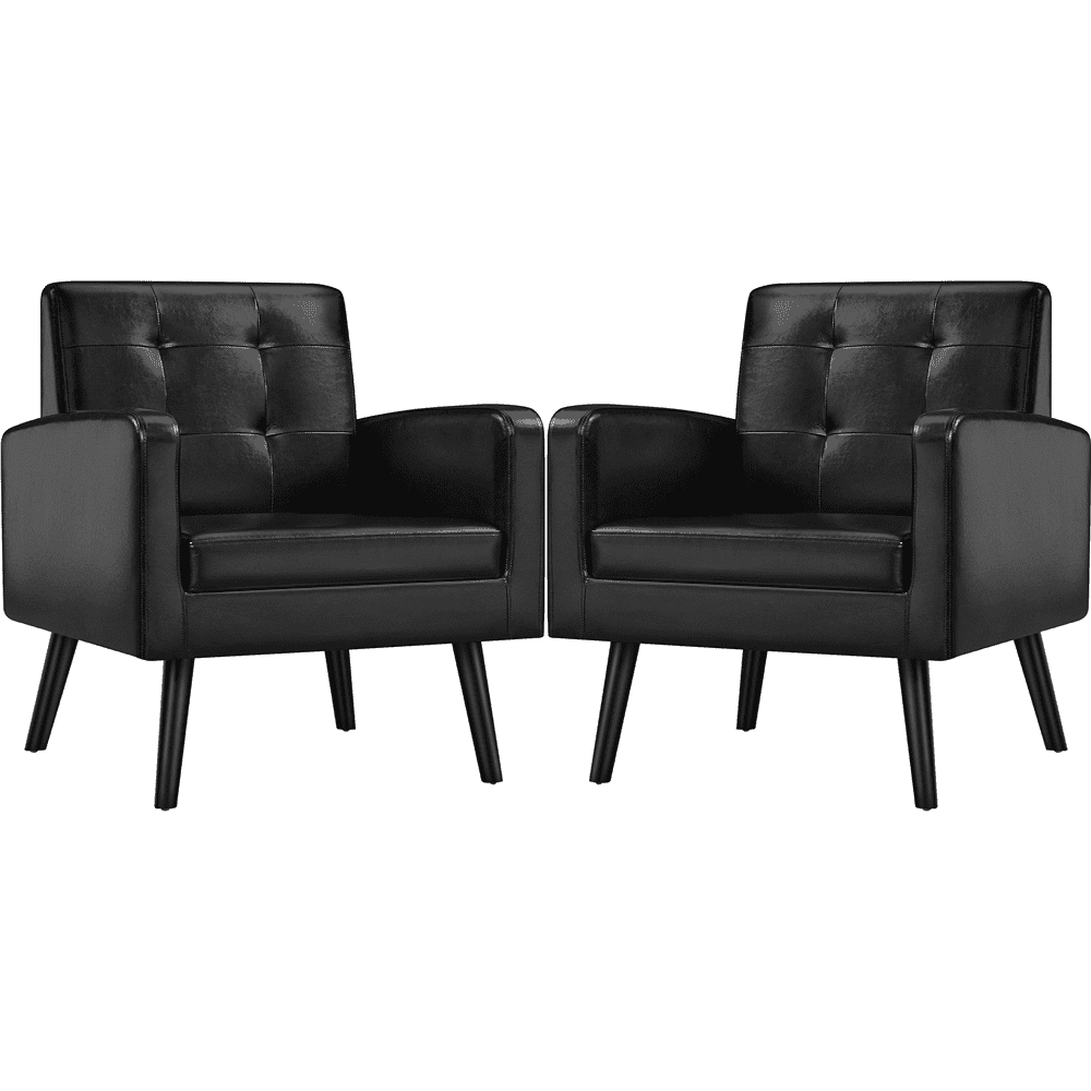Alden Design Mid Century Modern Faux Leather Accent Chair with Solid Wood Legs, Set of 2, Black