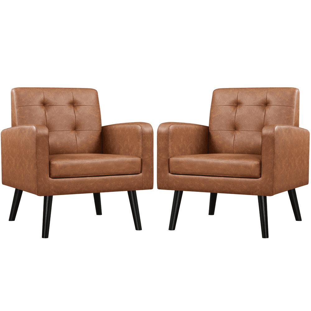 Alden Design Mid Century Modern Faux Leather Accent Chair with Solid Wood Legs, Set of 2, Retro Brown