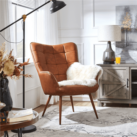 Alden Design Mid-Century Modern Faux Leather Wingback Accent Chair, Brown