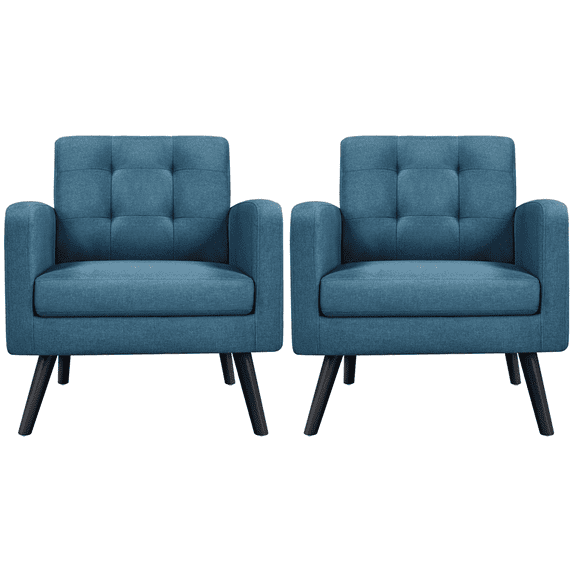 Alden Design Mid Century Modern Tufted Accent Chair with Rubberwood Legs, Set of 2, Navy Blue