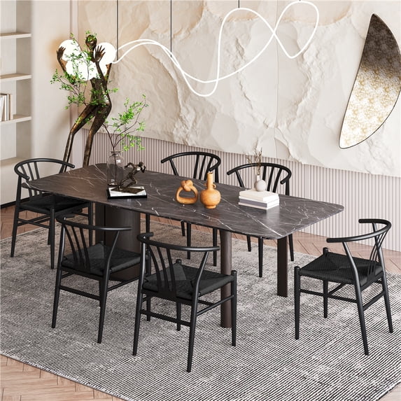 Alden Design Mid-Century Weave Dining Chairs with Solid Metal Frame, Black