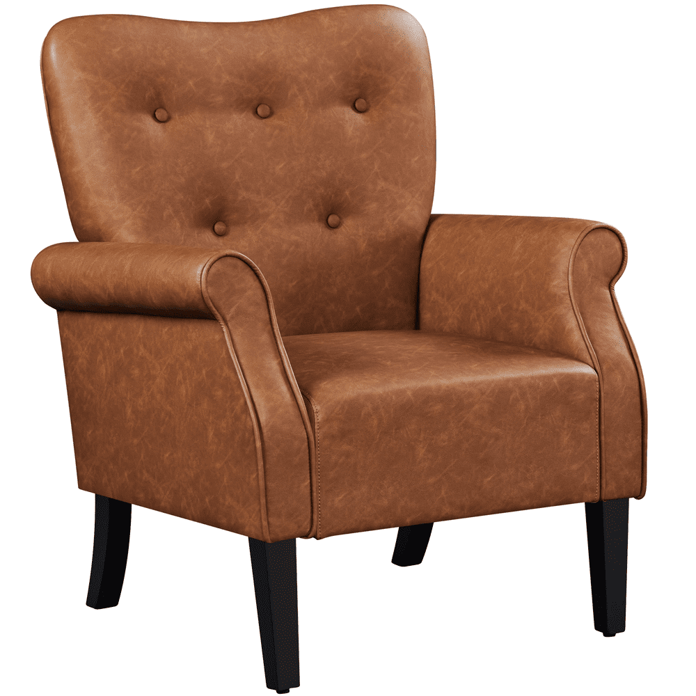 Retro Brown Faux Leather Armchair with Tufted Back and Wood Legs