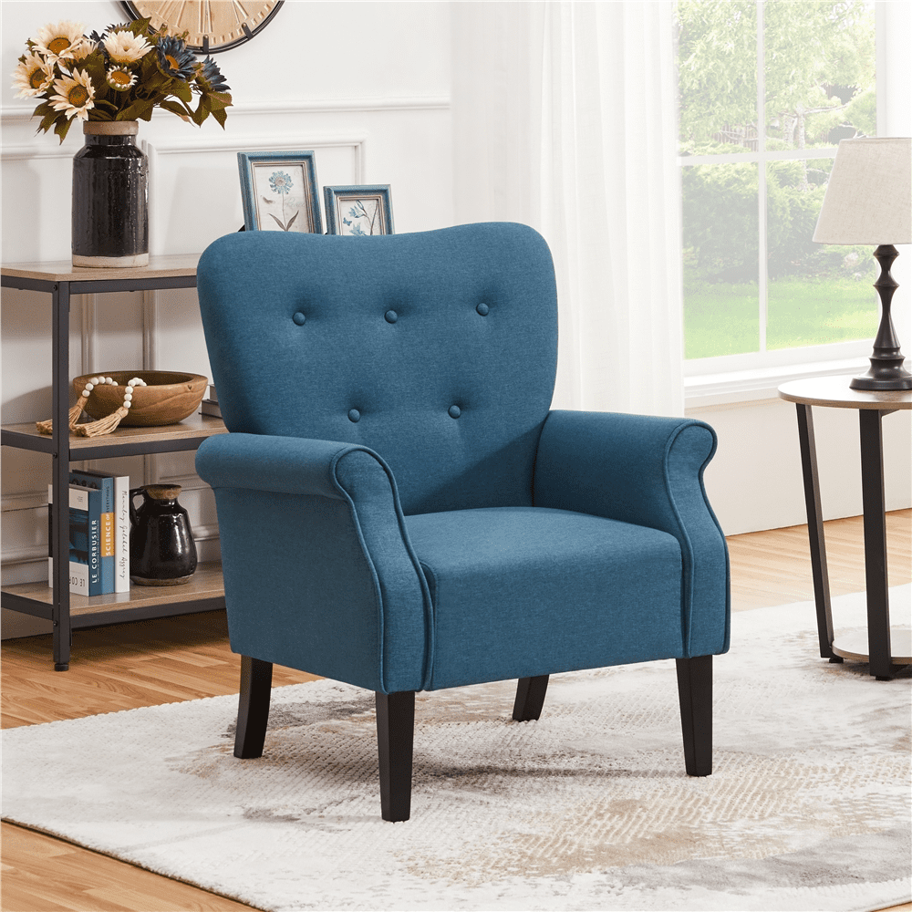 Alden Design Modern Upholstered Fabric Accent Chair with Wooden Legs for Living Room, Navy Blue