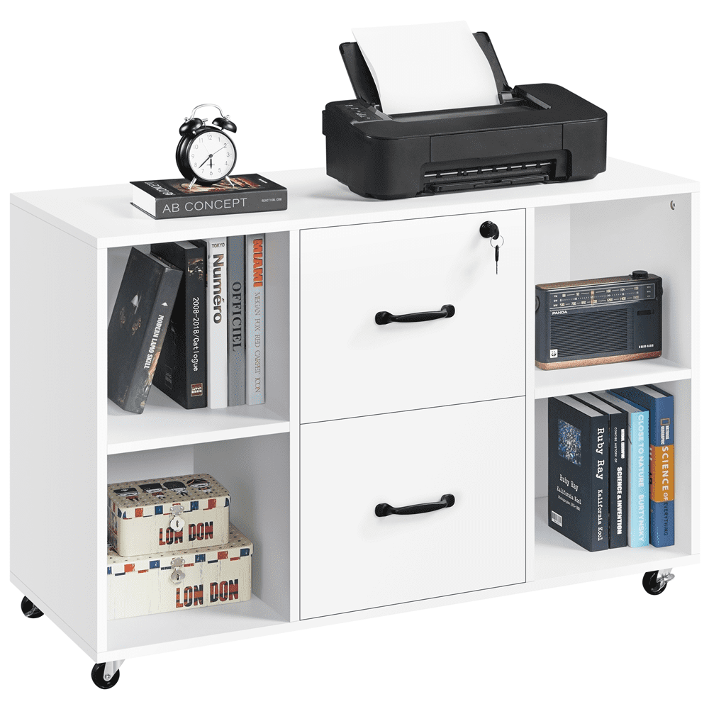 Alden Design Mobile Vintage File Cabinet with 2-Drawer for Home and Office, White