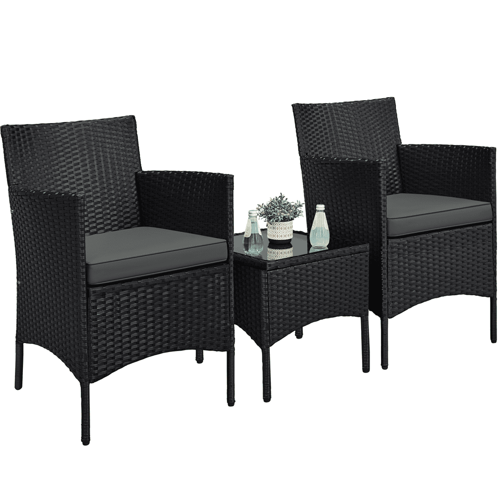 Alden Design Modern 3-Piece Bistro Set with Rattan Chairs and Table for Outdoor, Black with Gray