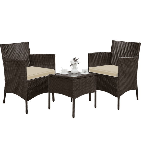 Alden Design Modern 3-Piece Bistro Set with Rattan Chairs and Table for Outdoor Patio, Brown with Beige Cushions