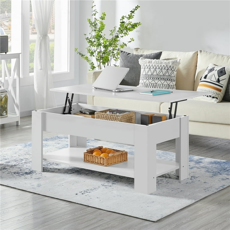 Smile Mart Modern 47.5 Wood Lift Top Coffee Table with Lower Shelf White