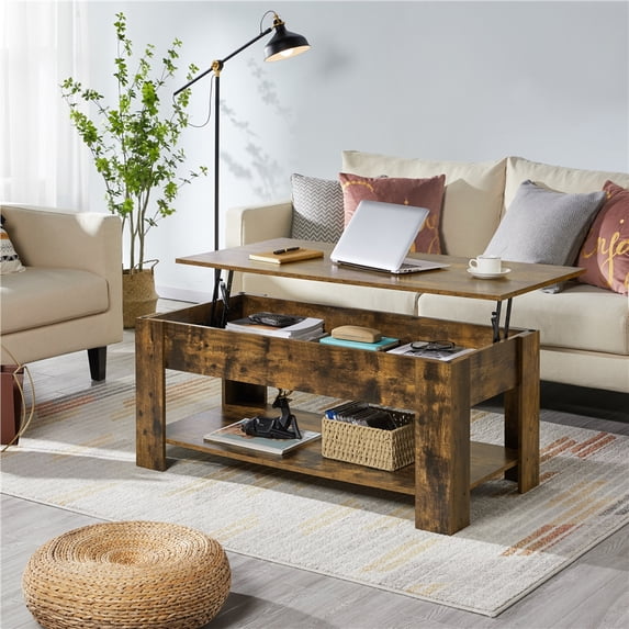 Alden Design Modern 47.5" Wood Lift Top Coffee Table with Lower Shelf for Living room, Rustic Brown