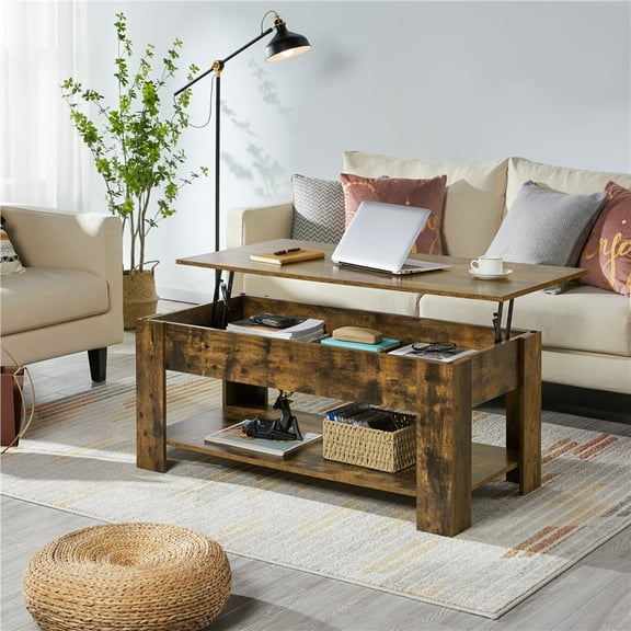 Alden Design Modern 47.5" Wood Lift Top Coffee Table with Lower Shelf for Living room, Rustic Brown