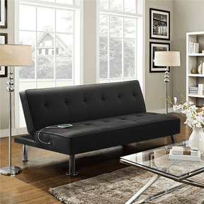 Alden Design 66" Modern Fabric Futon Sofa Bed Convertible Futon Couch with USB Ports and Chrome Metal Legs, Black