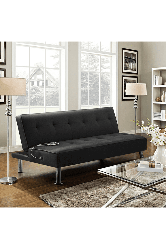 66" Modern Fabric Convertible Futon Sofa Bed with USB, Black