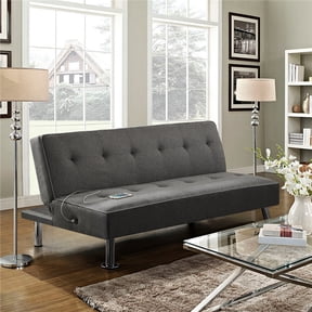 Alden Design 66" Modern Fabric Futon Sofa Bed Convertible Futon Couch with USB Ports and Chrome Metal Legs, Charcoal