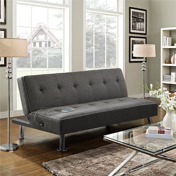 Alden Design 66" Modern Fabric Futon Sofa Bed Convertible Futon Couch with USB Ports and Chrome Metal Legs, Charcoal