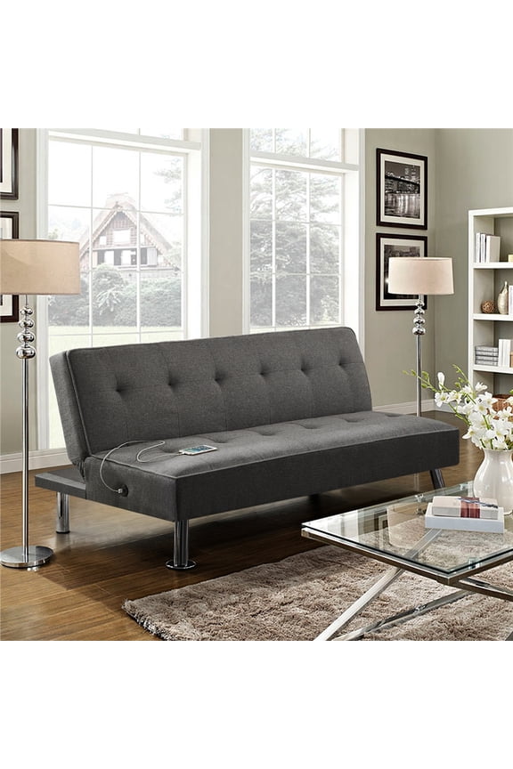 66" Modern Fabric Futon Sofa Bed Convertible Futon Couch with USB Ports and Chrome Metal Legs, Charcoal