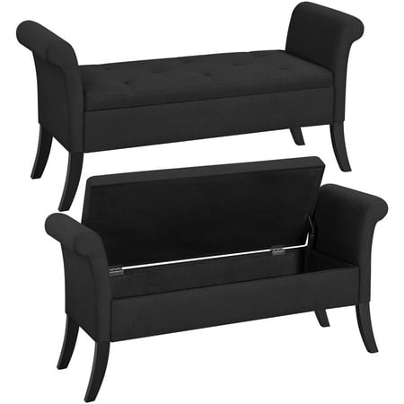 Alden Design Modern Fabric Tufted Storage Bench with Rolled Arms for Home, Black