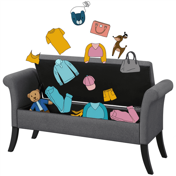 Alden Design Modern Fabric Tufted Storage Bench with Rolled Arms for Home, Dark Gray