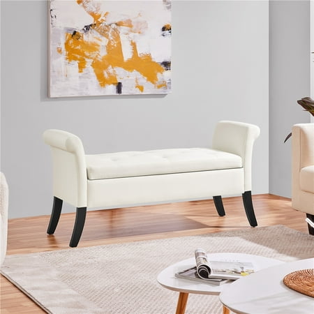 Alden Design Modern Fabric Tufted Storage Bench with Rolled Arms for Livingroom, Fresh White