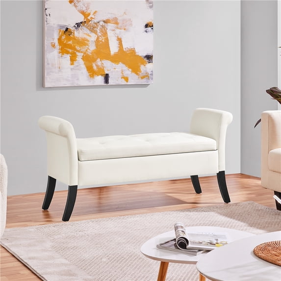 Alden Design Modern Fabric Tufted Storage Bench with Rolled Arms for Livingroom, Fresh White