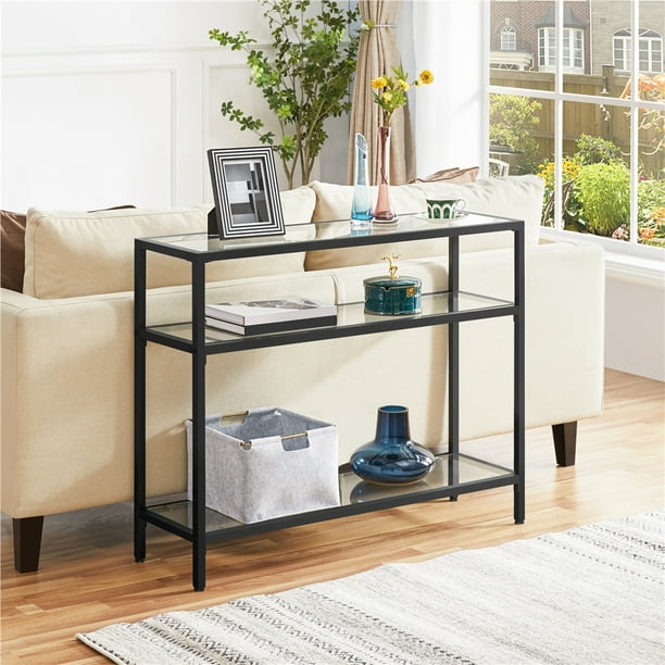 Alden Design Modern Glass Entryway Console Table with Shelves, Black
