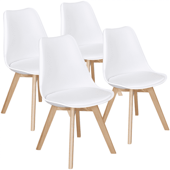 Alden Design Modern Padded Dining Chairs with Wood Legs for Dining Room, Set of 4, White
