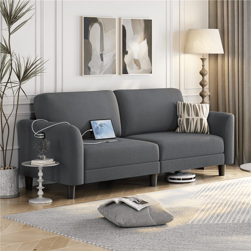 Gray Tufted Linen Fabric 2-Seater Sofa with Flared Arms