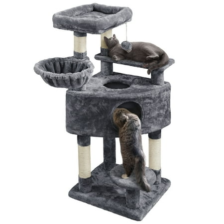 Alden Design 46" Multilevel Cat Tree with Basket Condo Scratching Posts, Dark Gray