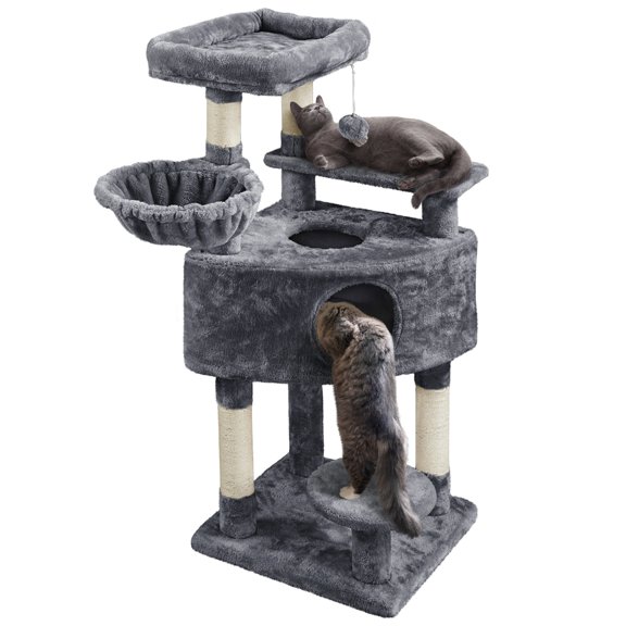 Alden Design 46" Multilevel Cat Tree with Basket Condo Scratching Posts, Dark Gray