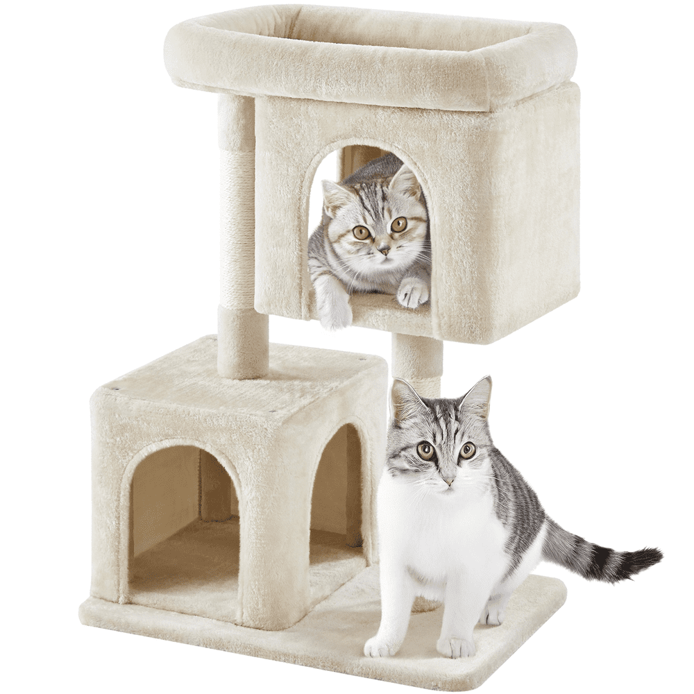 Alden Design 33.5"H Multilevel Plush Cat Tree with Scratching Posts Basket, Beige