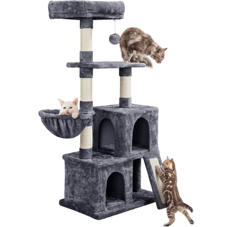 Alden Design Multilevel Soft Plush Cat Tree Tower with Condos Perch Platform Basket Scratching Posts for Cats and Kittens, Dark Gray