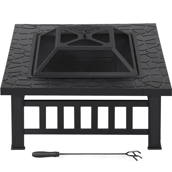 Alden Design Outdoor 32" Square Metal Fire Pit Table with Spark Screen, Black