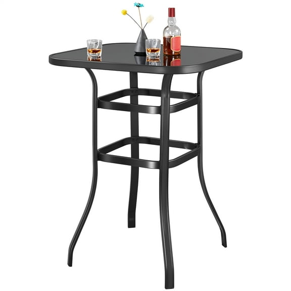 Alden Design Outdoor Bistro Table with Tempered Tabletop, Black