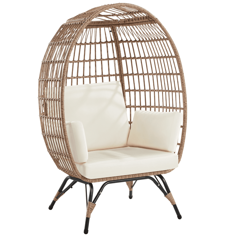 Alden Design PE Rattan Egg-shaped Basket Lounge Chair with 4 Cushions for Patio, Light Brown/ Ivory