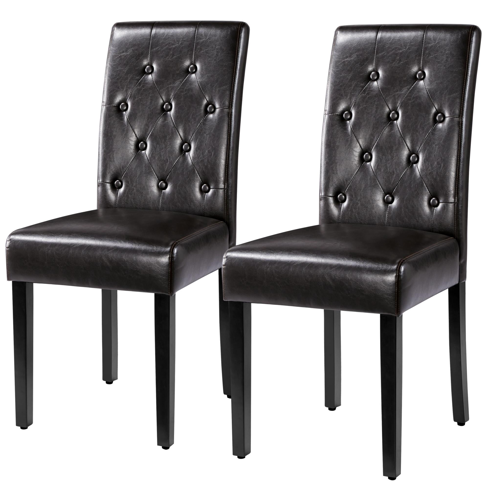 Alden Design Tufted Upholstered Parson Faux Leather Dining Chair with Solid Wood Legs, Set of 2, Brown