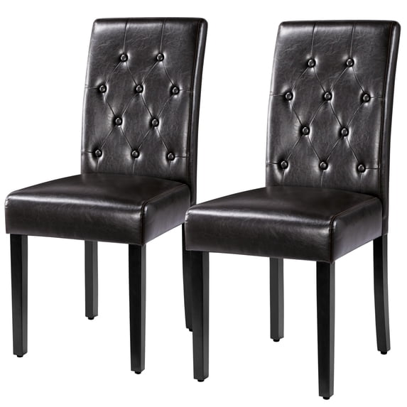 Alden Design Tufted Upholstered Parson Faux Leather Dining Chair with Solid Wood Legs, Set of 2, Brown