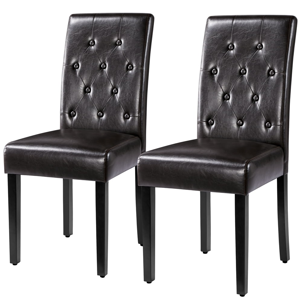 Alden Design Tufted Upholstered Parson Faux Leather Dining Chair with Solid Wood Legs, Set of 2, Brown