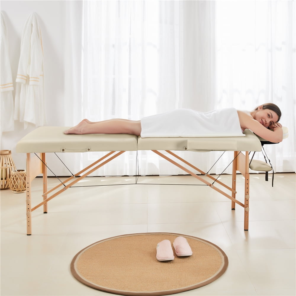 Alden Design Portable Folding Massage Table with Face Cradle Armrests Hand Pallet Carry Case Bag, Cream