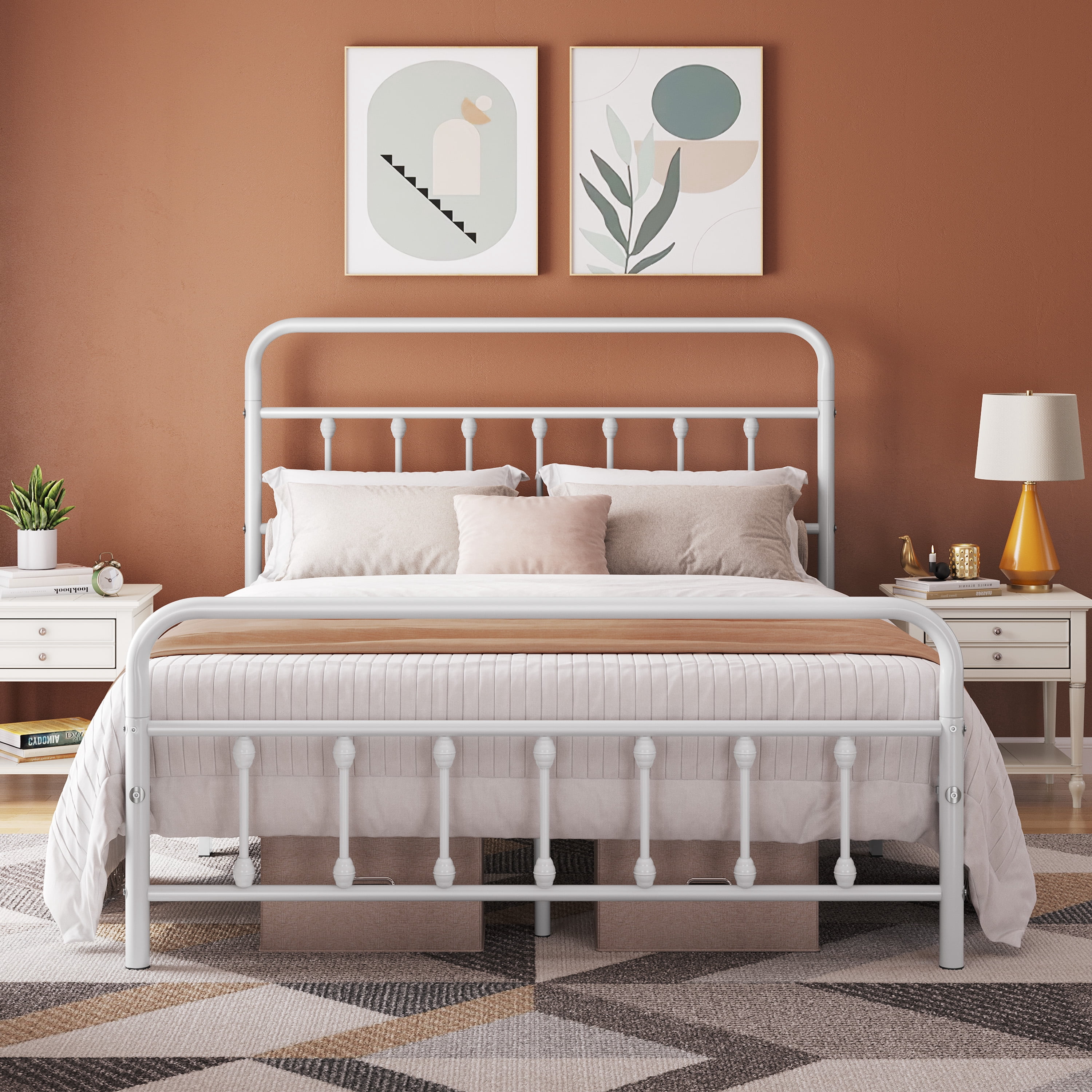 Alden Design Queen Size Classic Iron Platform Bed with High Headboard and Footboard, White