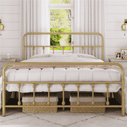 Alden Design Queen Size Metal Platform Bed Frame with High Headboard, All Ages, Antique Gold