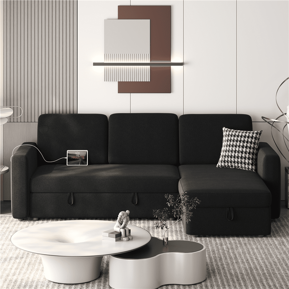 Alden Design Reversible Sectional Sofa with USB & Type-C Ports for Livingroom, Black